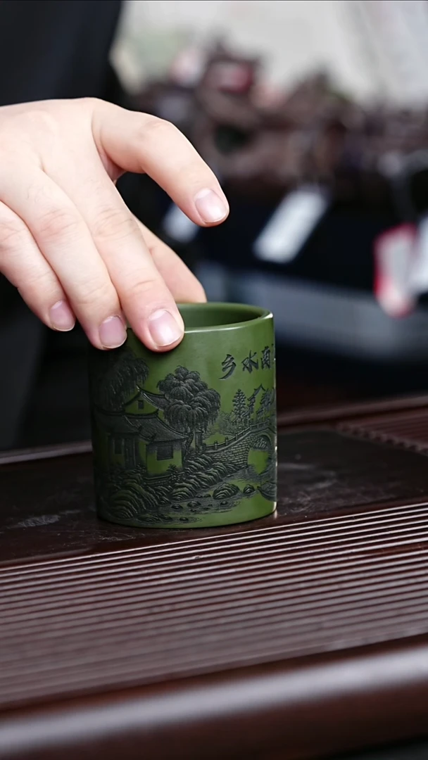 紫砂茶宠宜兴紫砂 直筒杯江南水乡雕刻 民国绿泥