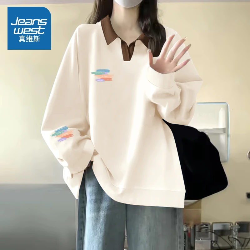 真维斯日系简约外套女春季新款撞色polo卫衣大码宽松显瘦卫衣女款
