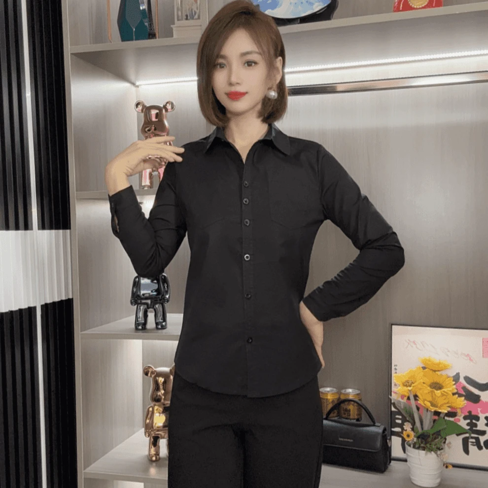 X6907长袖薄款拼接轻职风翻领常规衬衫女士打底纯色休闲春秋百搭