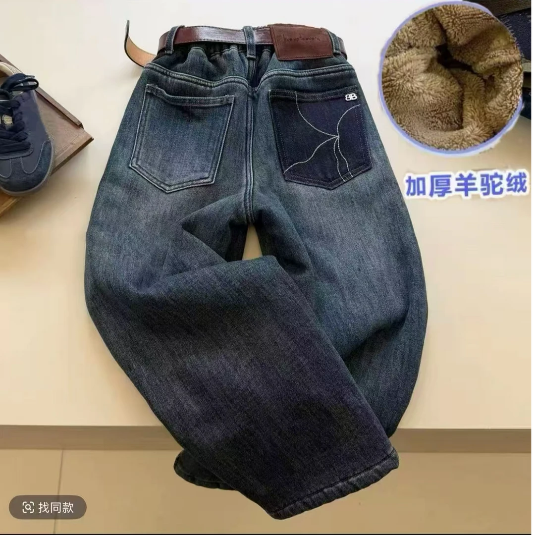 现货~清！清！清！[一条过冬加厚羊驼绒】中大童潮流百搭牛仔裤00503