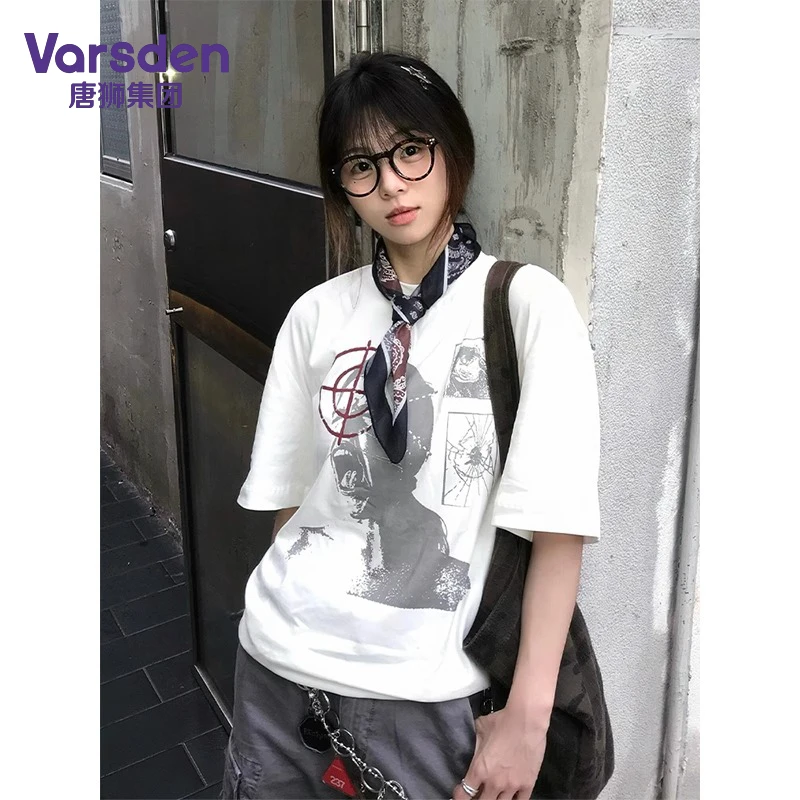 唐狮集团Varsden美式街头圆领短袖体恤男女人像印花夏季新款上衣