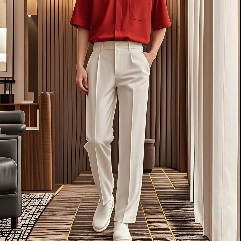 男款冰丝薄款垂感夏季西裤西装裤直筒男士时尚长裤宽松白色正装