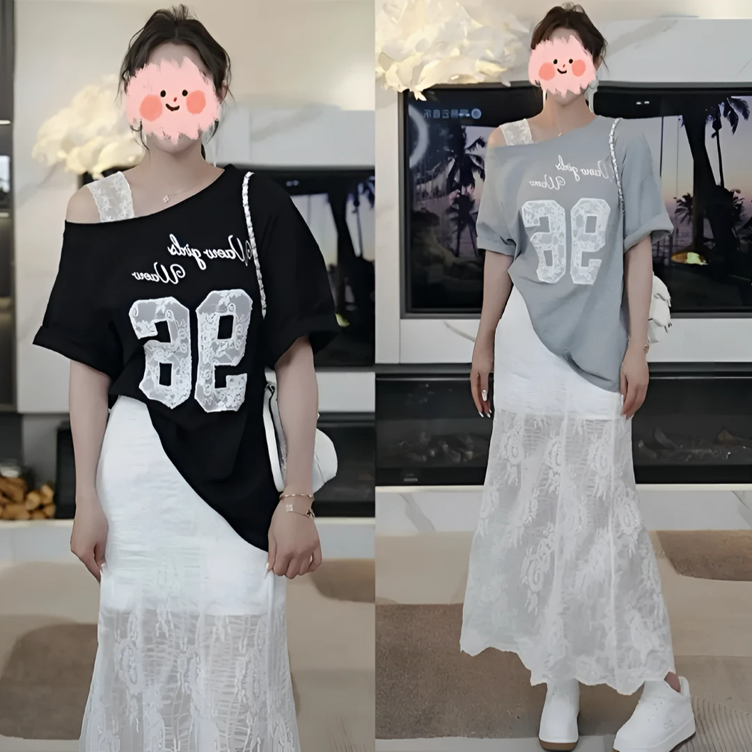 洋气休闲装2025夏季韩版宽松刺绣短袖T恤上衣百搭蕾丝半身裙套装