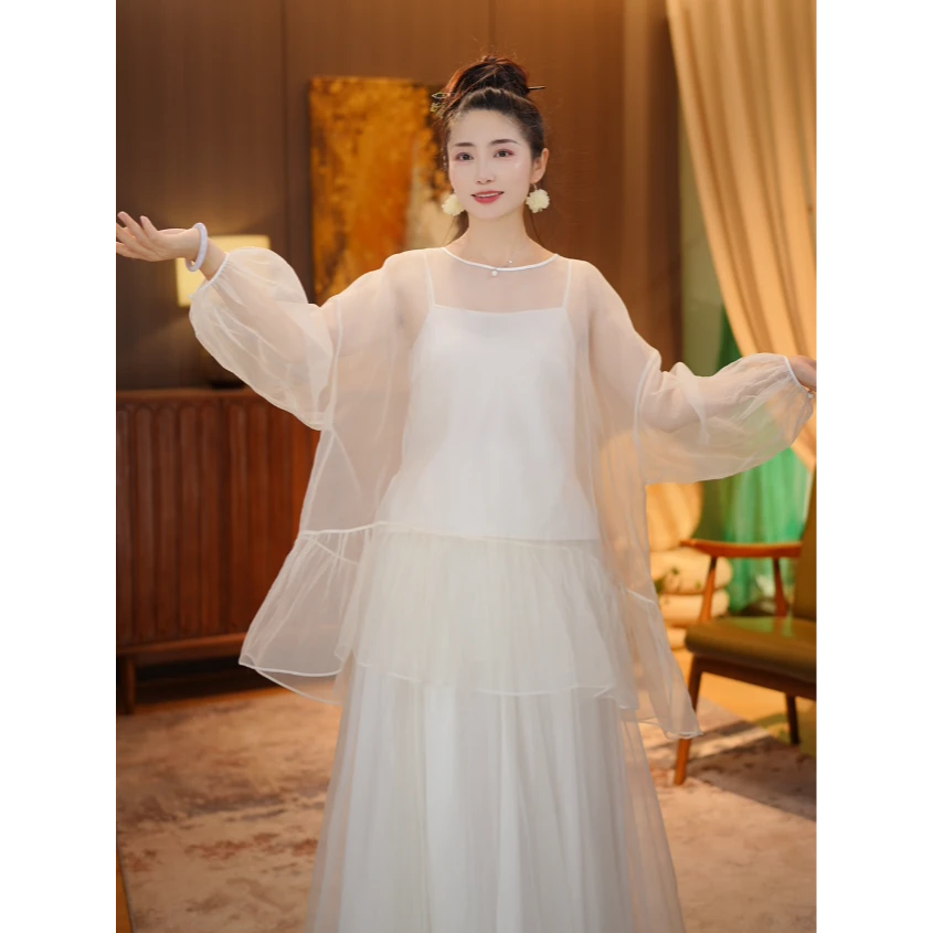 彬壹冉-2751原创仙气桑蚕丝百搭纱衣薄款长袖气质白色裙子长款