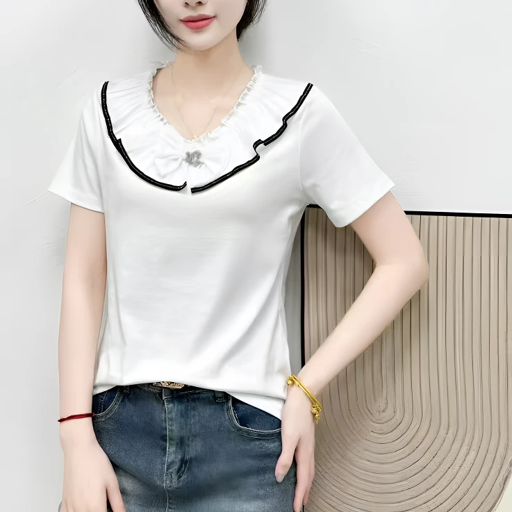 【玲子现货】5822 娃娃领拼接通勤T恤上衣女百搭