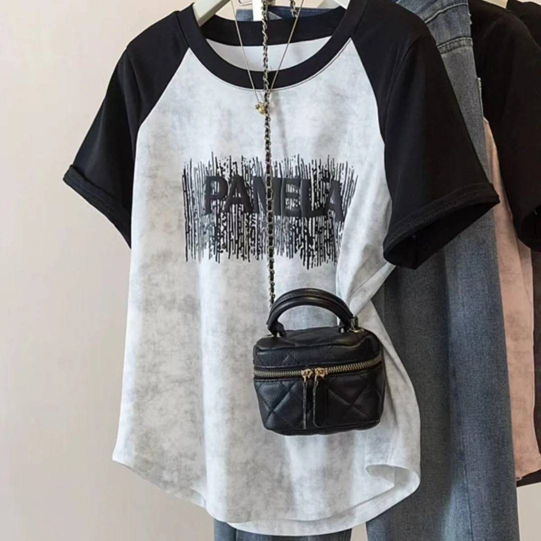 大码胖妹妹字母拼色插肩短袖T恤女下摆弧形显瘦上衣遮肚打底衫夏