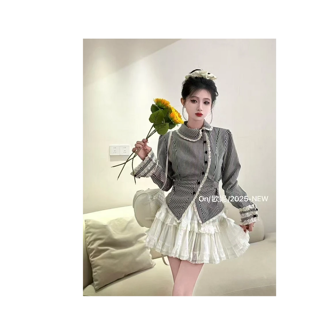 设计感小香风格纹斜襟娃娃领衬衫收腰显瘦修身百褶裙韩系套装
