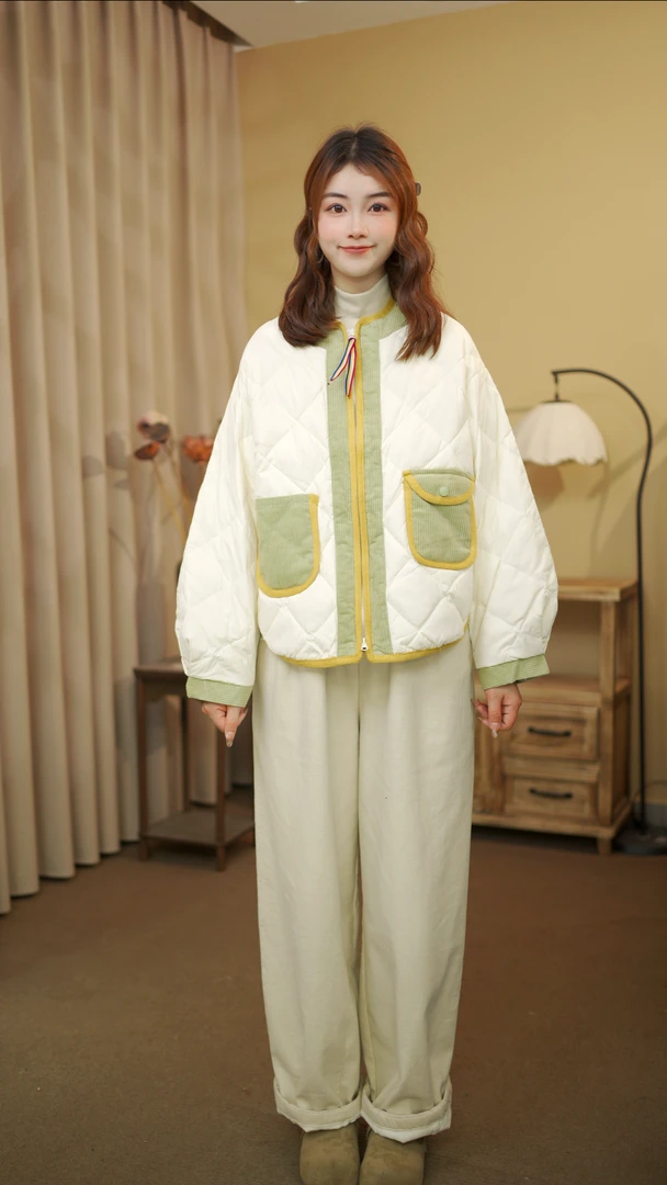 【青婉】新款圆领90白鸭绒短款冬季保暖韩版拼色羽绒服白色衣长60