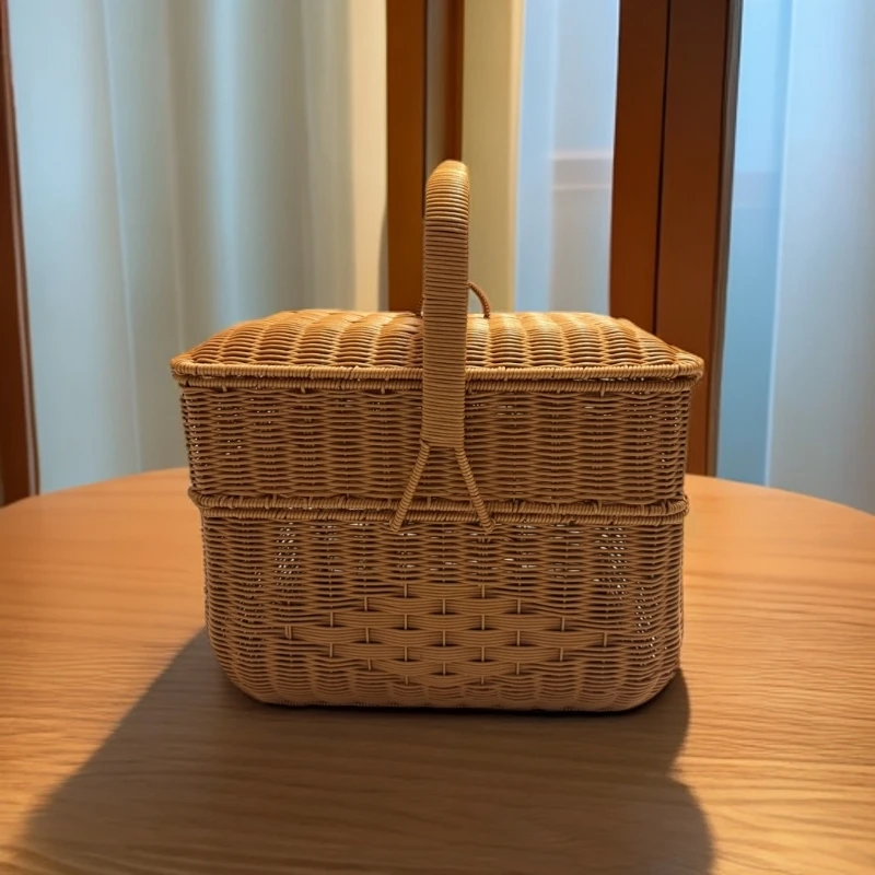 B2024仿藤带盖家用收纳筐藤编零食手提篮菜蓝野餐篮杂42*30*34