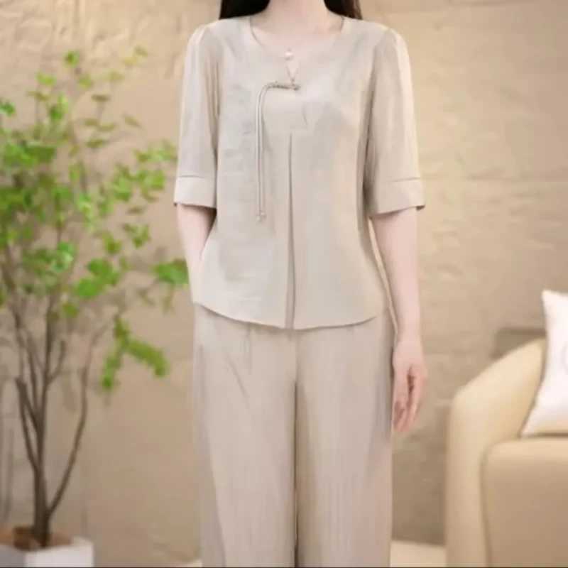 拉夏贝尔两件套阔洋气显瘦上衣2025夏季洋气直筒裤气质T恤两件套