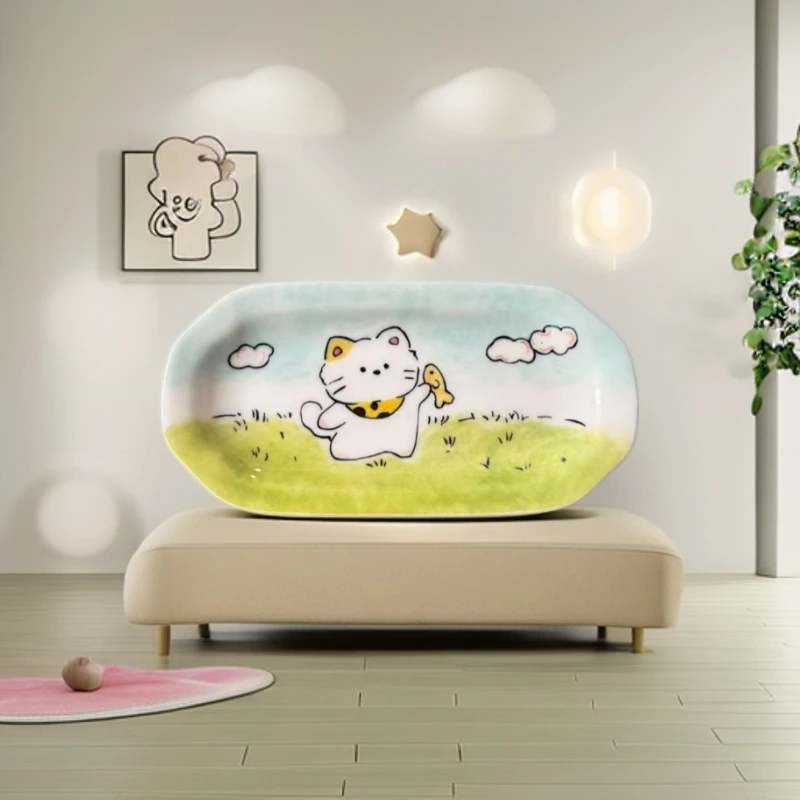 手工手绘小猫吃鱼盘XP286