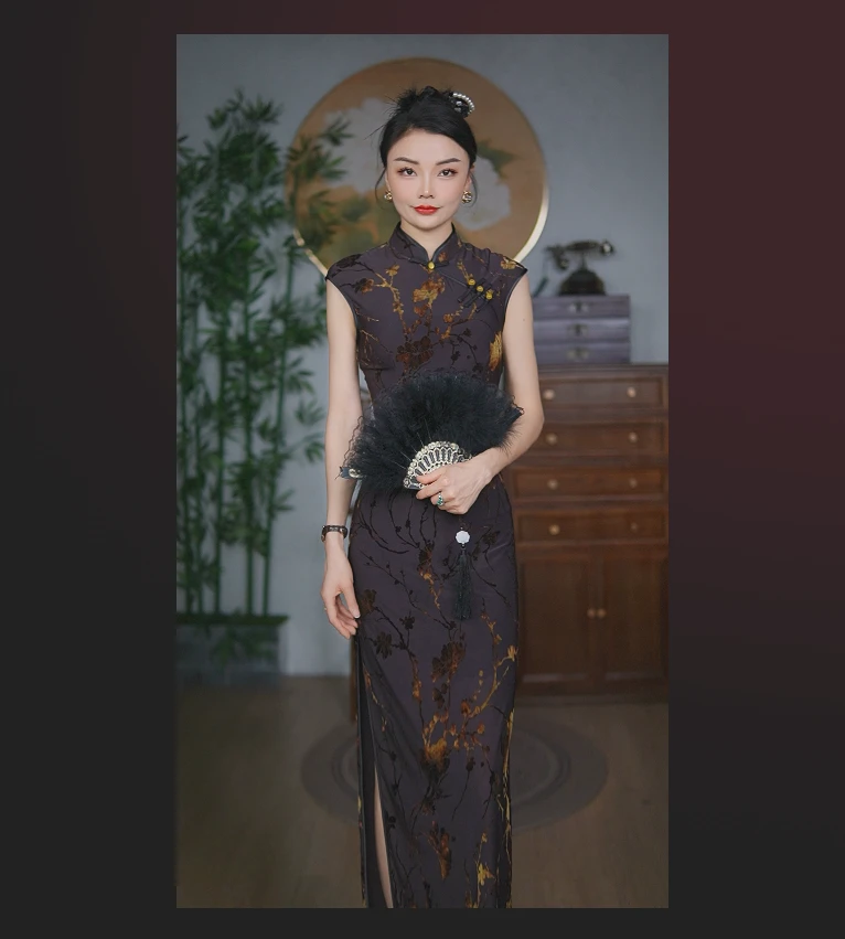 2025新款棕色中国风旗袍优雅气质长款修身显瘦高级苏州旗袍
