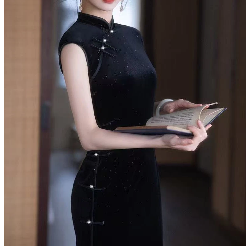 四姑娘| 灿若星河| 黑色钻石绒高级感绝美旗袍日常可穿晚礼服无袖