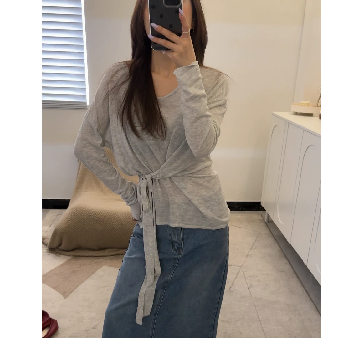 【逸语服饰】2025夏季新品韩版薄款针织防晒衫女绑带设计长袖针织衫