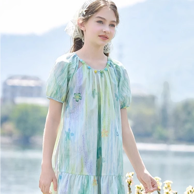 2025女少女风休闲风夏季短袖连衣裙中大童洋气童装时尚夏装1078