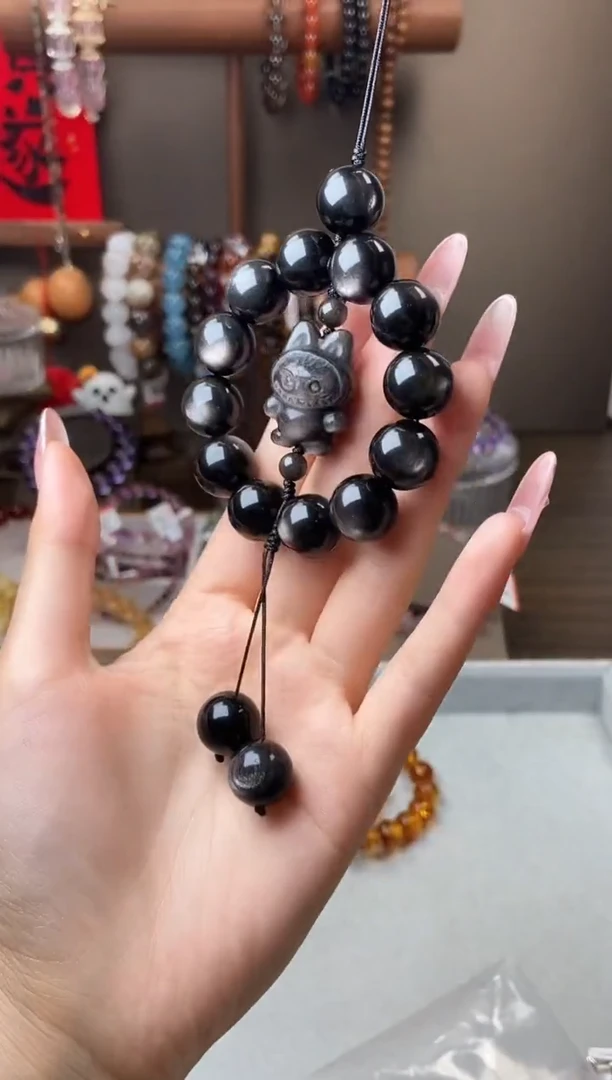 黑曜岩未镶嵌手链七*果银曜石设计挂件