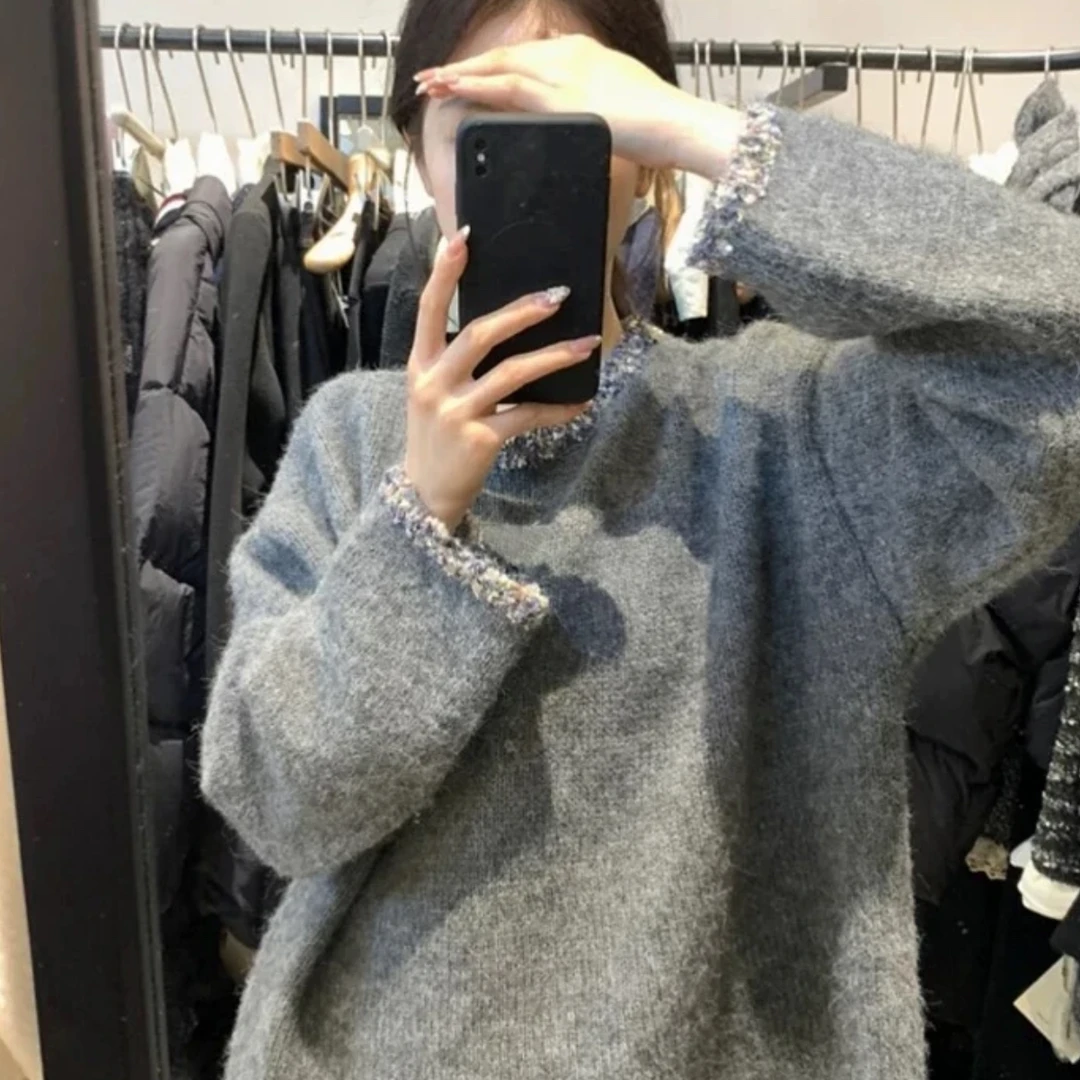 x/小香风毛蕊花灰色软糯套头宽松高级感外穿针织上衣9811