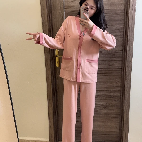 C秋冬新款带胸垫开衫女士纯棉长袖睡衣套装 温柔粉时尚舒适家居服