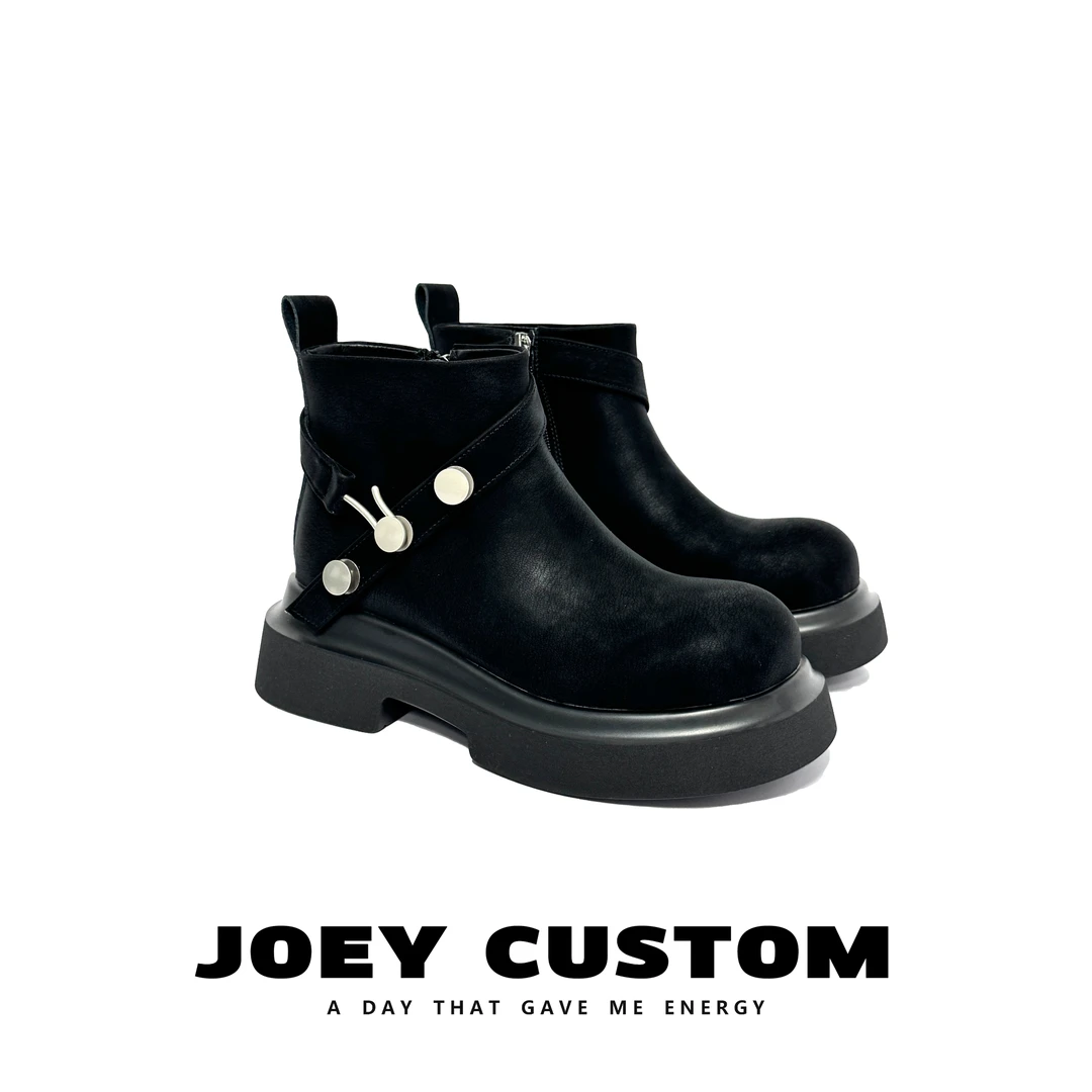 JOEY |  英伦风厚底秋冬季黑色侧拉链短靴舒适烟筒女靴 038-6