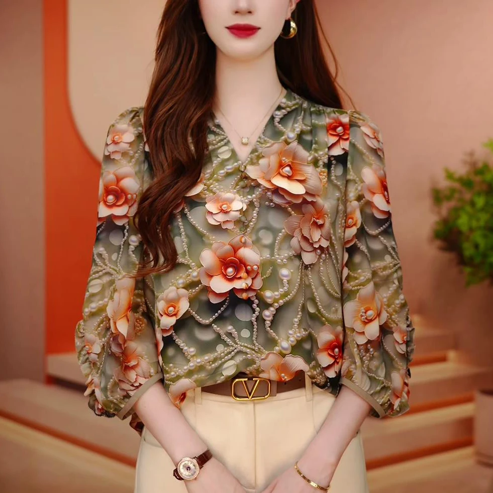 A241729-新款琉璃双皱丝洋气时尚百搭气质印花女士长袖上衣