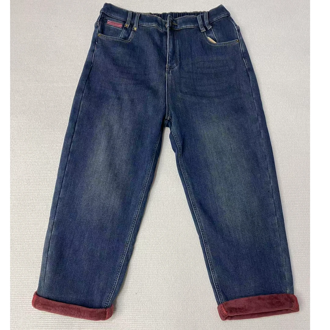 深蓝色高腰加绒窄版牛仔裤女冬季新款韩版弹力显瘦百搭直筒裤5650