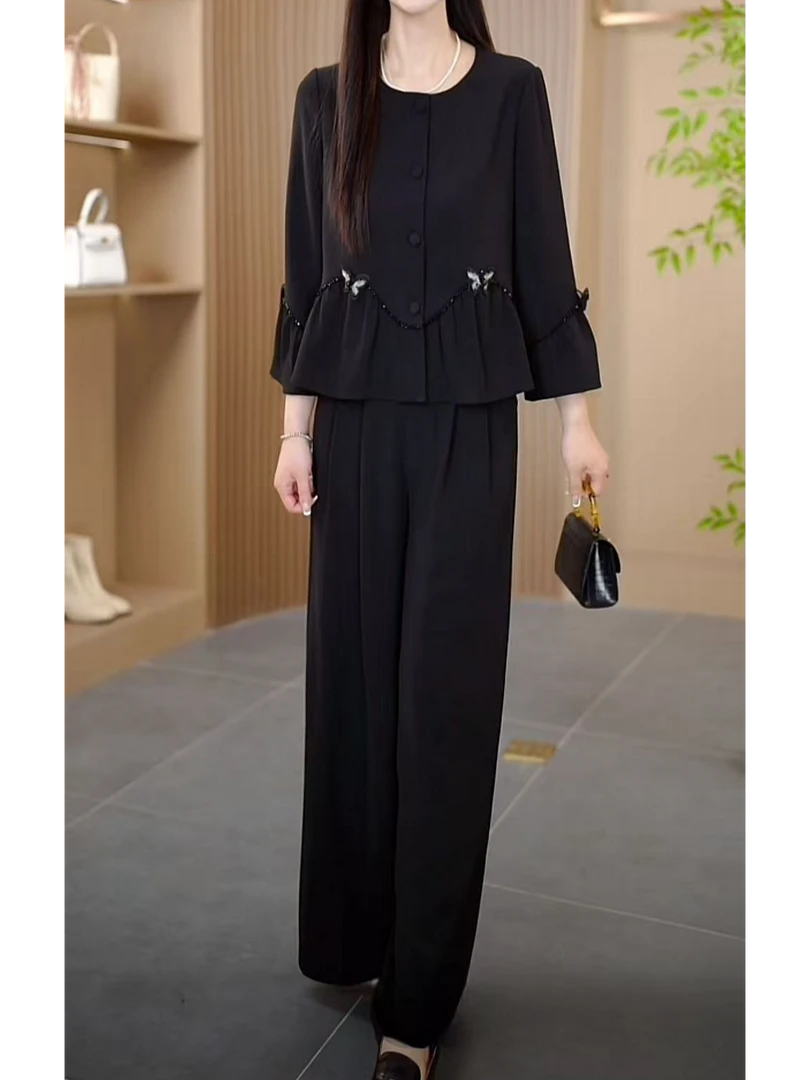 2025春季新款时尚气质显瘦修身收腰法式上衣阔腿裤两件套遮肉套装