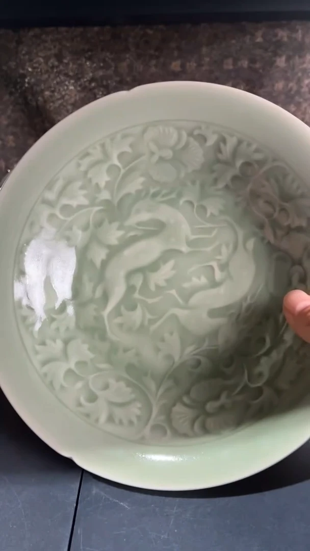 耀州窑仰山天青双鹿盘微瑕厚胎