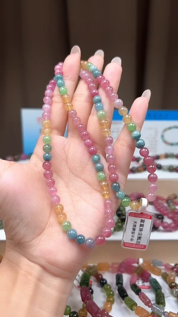 未镶嵌手链碧玺6mm艳丽马卡龙色高阶荧光体碧玺三圈多样性发一