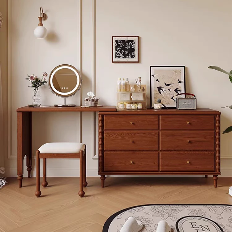 白蜡木全实木妆台中古风多功能梳妆台家用主卧赫本创意书桌