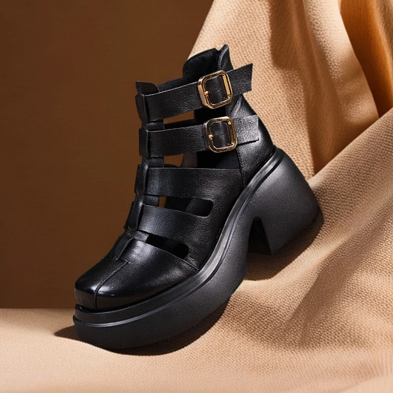 新款2025头层牛皮厚底百搭罗马凉鞋女款外穿高帮夏季凉靴女鞋镂空