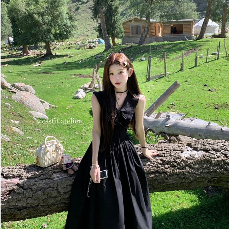 工厂清货福利价-QKL1304 出逃千金系带蝴蝶结无袖纯色连衣裙女