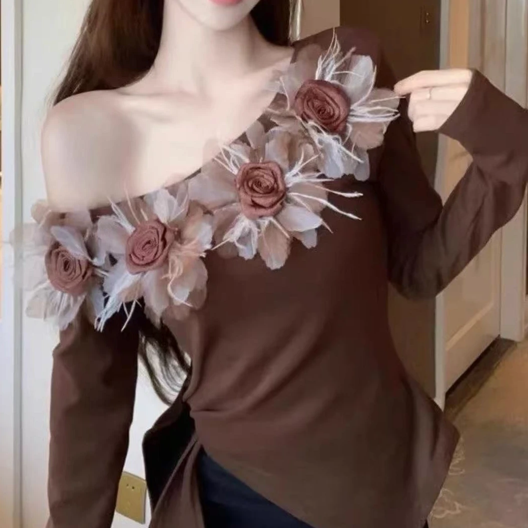 纯欲辣妹花朵拼接斜肩绑带性感显瘦修身磨毛胖MM微胖大码女装上衣