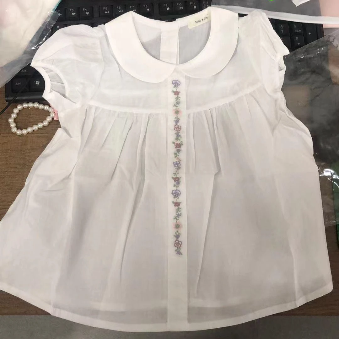 BH-40439-）（妹妹）镂空棉纱女童夏季洋气小花边刺绣短袖上衣