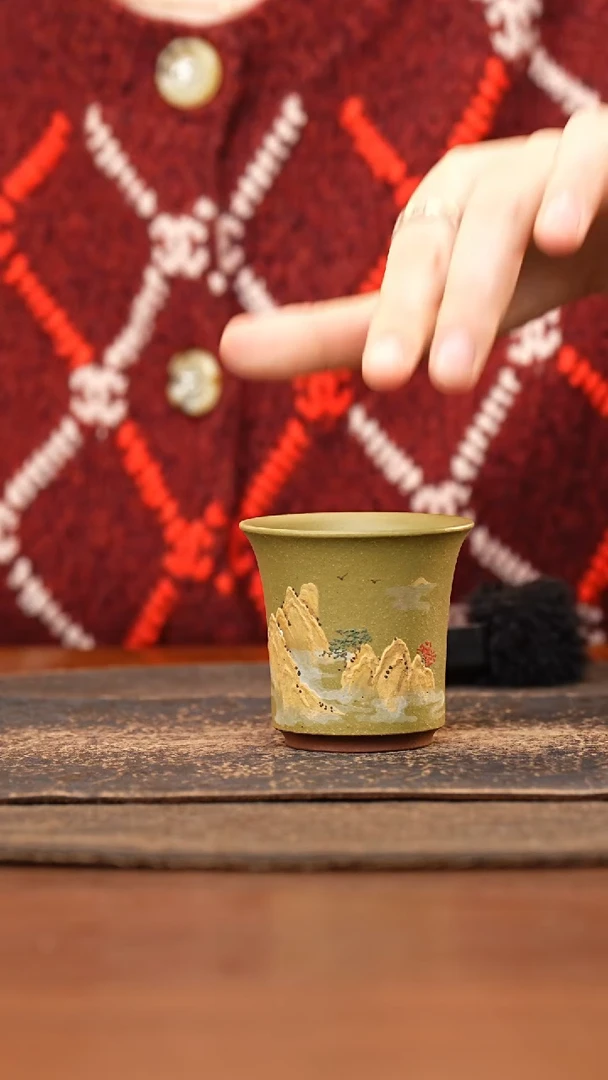 紫砂茶叶罐豆青泥泥绘山水主人杯