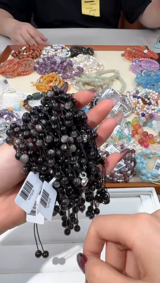 【闪购商品】黑曜岩手链银S925镶嵌F012银耀石编织铃铛款