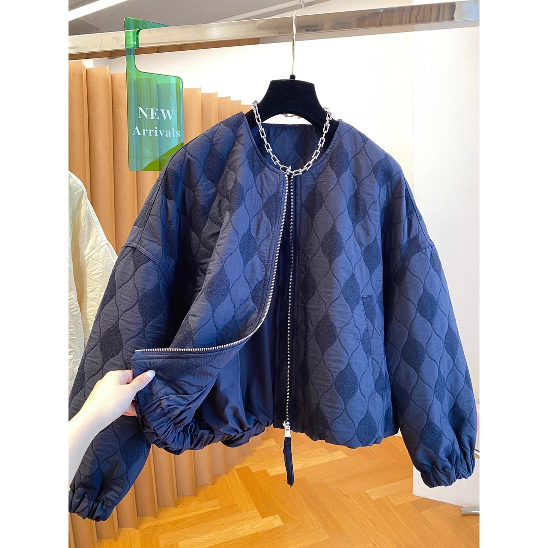 秋冬2025新款爆款时尚菱格夹棉外套女宽松无领棒球服洋气轻薄上衣