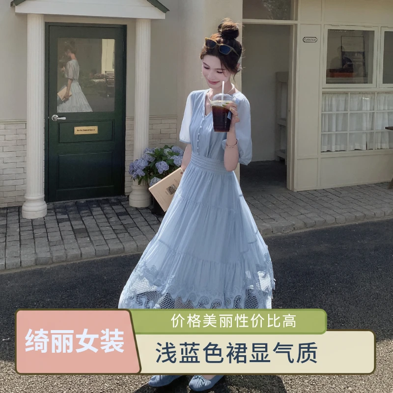 绮丽轻奢宽松收腰温柔连衣裙中长款甜美法式衣服穿搭气质蕾丝时尚