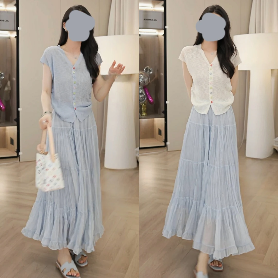 时尚温柔气质套装女V领针织衫夏季2025新款洋气长裙半身裙两件套