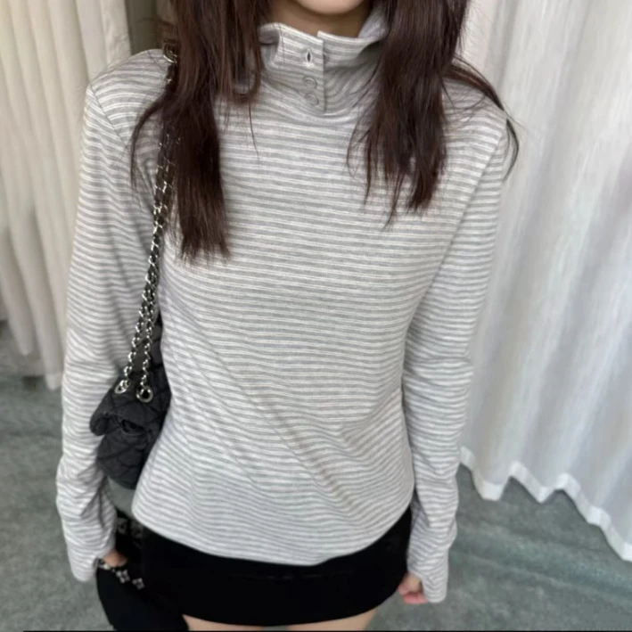 【条纹打底】虎皮卷秋冬新款复古休闲宽松T恤女撞色条纹修身打底衫