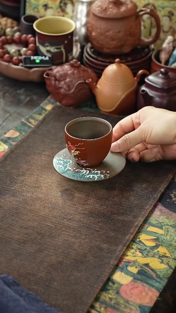 九斋鲨鱼皮粉朱泥鱼跃龙门紫砂杯+杯垫套组