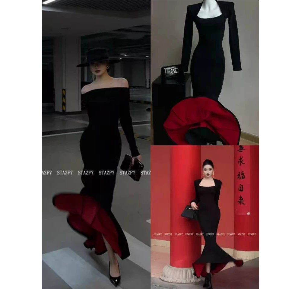 红底步步生莲不露背秋冬一字肩鱼尾显瘦气质包臀长裙qqj582018