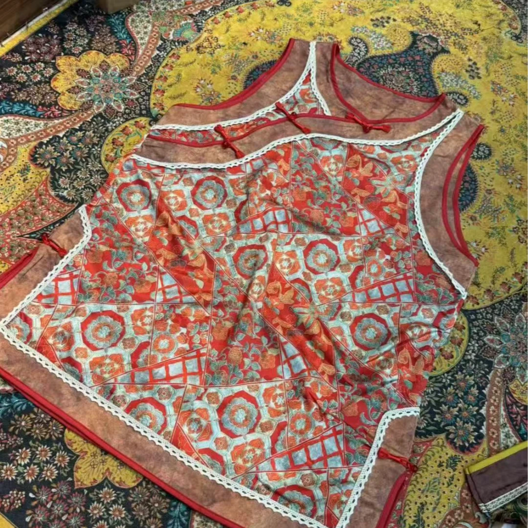 （宁家）大码女装薄款植物花卉戏服袍子红色上衣中长款圆领提花斜纹