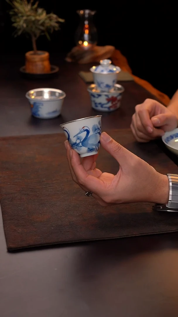 手绘丹顶鹤单杯包银口