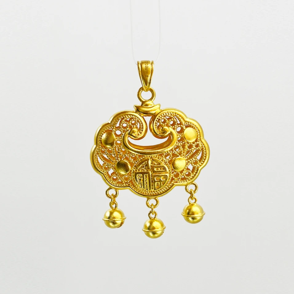 足金吊坠平安如意古法精致纳福锁