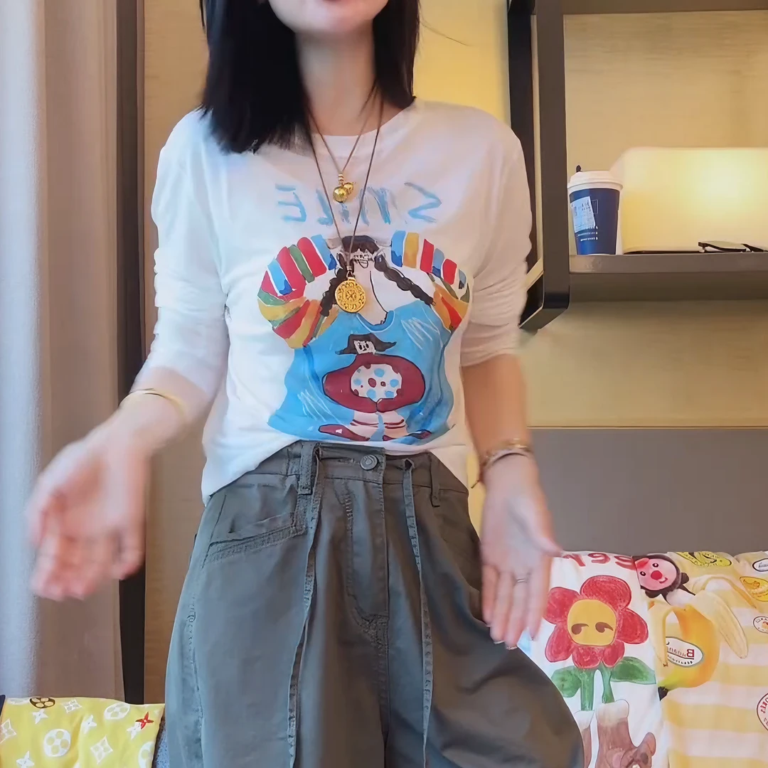 【微笑女孩防晒】夏季薄款长袖t恤印花休闲圆领上衣女LK2503685-1