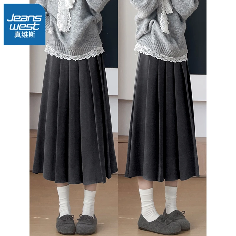 真维斯黑色半身长裙女秋冬季2026新款高腰休闲小个子a字百褶裙