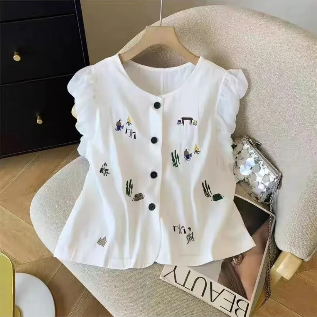 韩系卡通图案飞飞袖衬衫2025夏季新款时尚洋气减龄上衣百搭