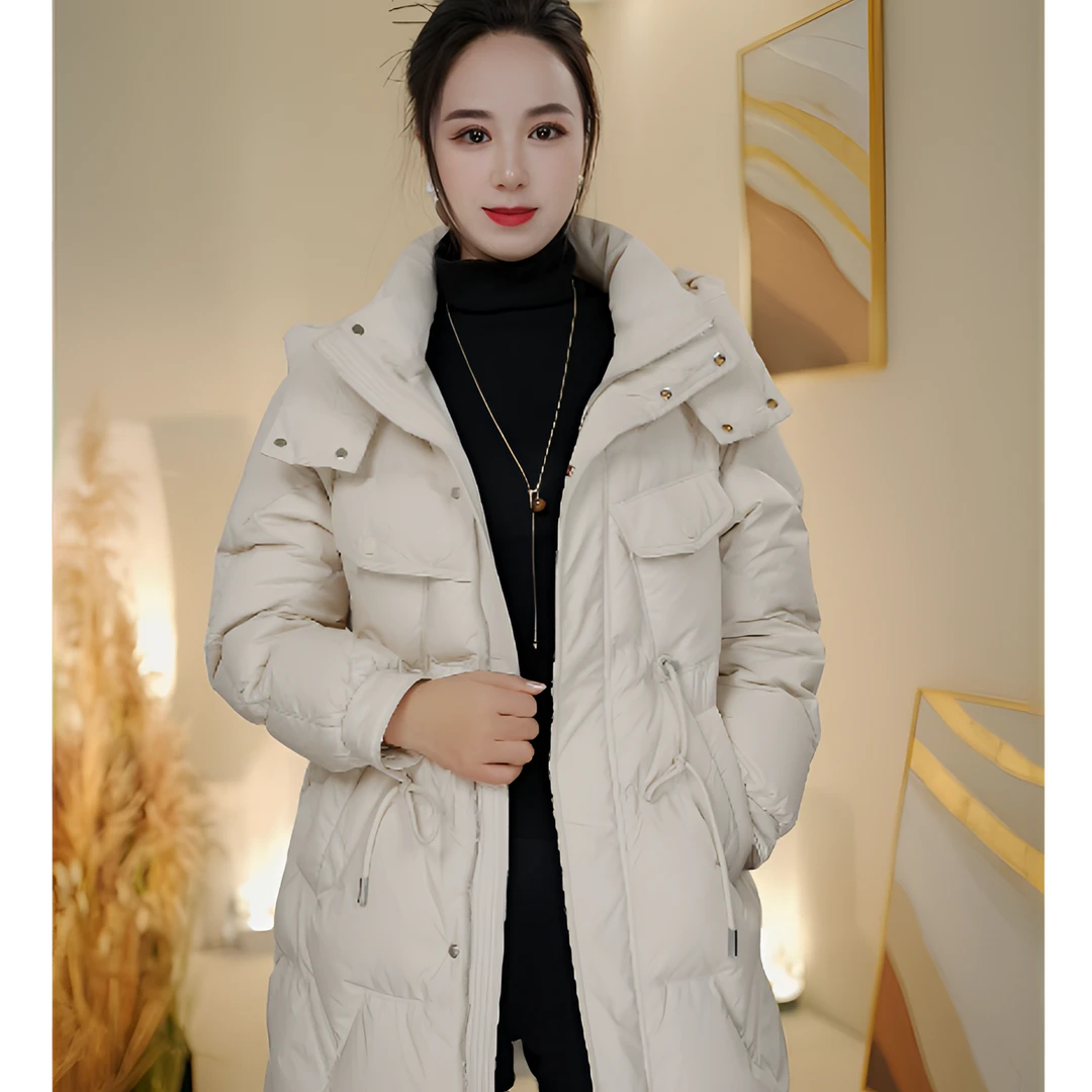 90白鸭绒中长款连帽收腰女款时尚冬季保暖羽绒服-971