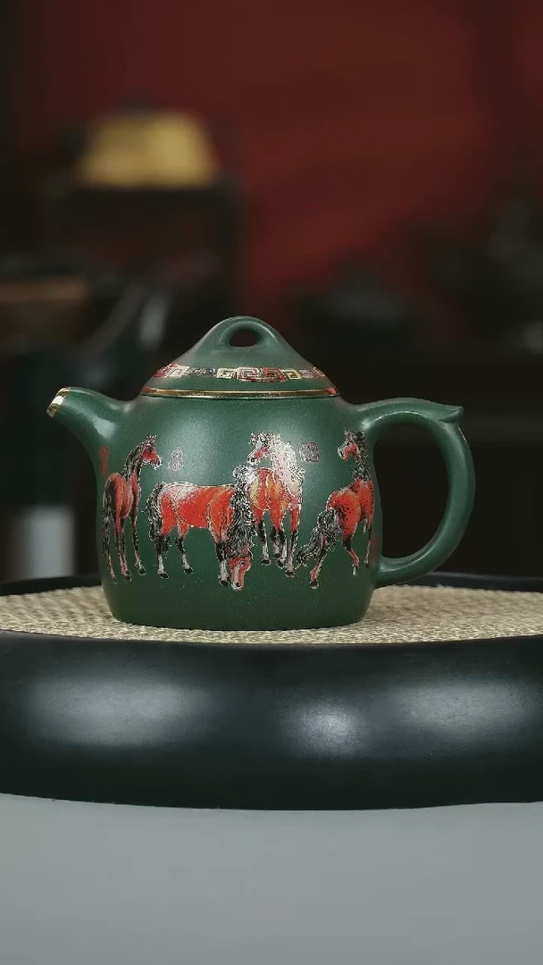 茶壶紫砂 绿泥  秦权  八骏图