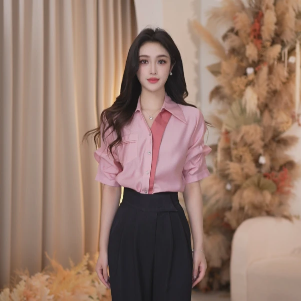 Basic House/百家好JH时尚显瘦气质休闲夏季小众设计感衬衫B518P2